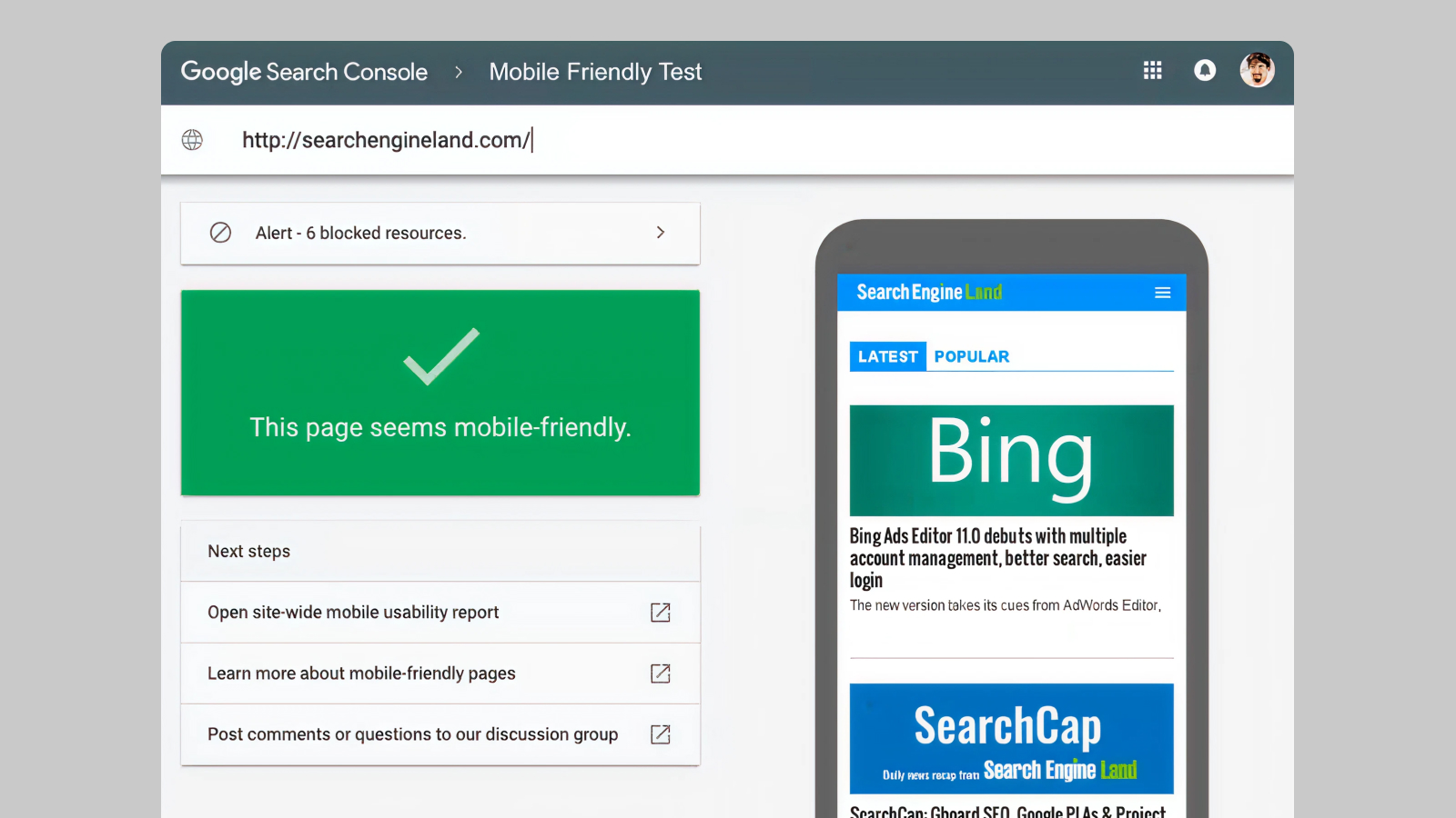 Скриншот Mobile Friendly Test от Google Пример проведения Mobile Friendly Test в Google Search Console
