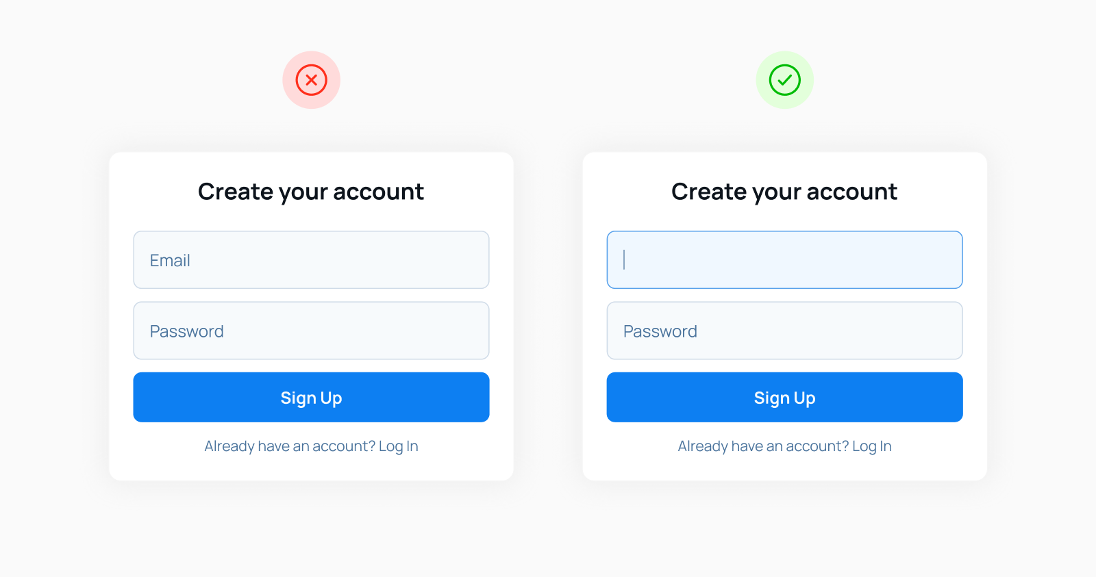 UI дизайн форм регистрации с автофокусом на поле ввода и без него