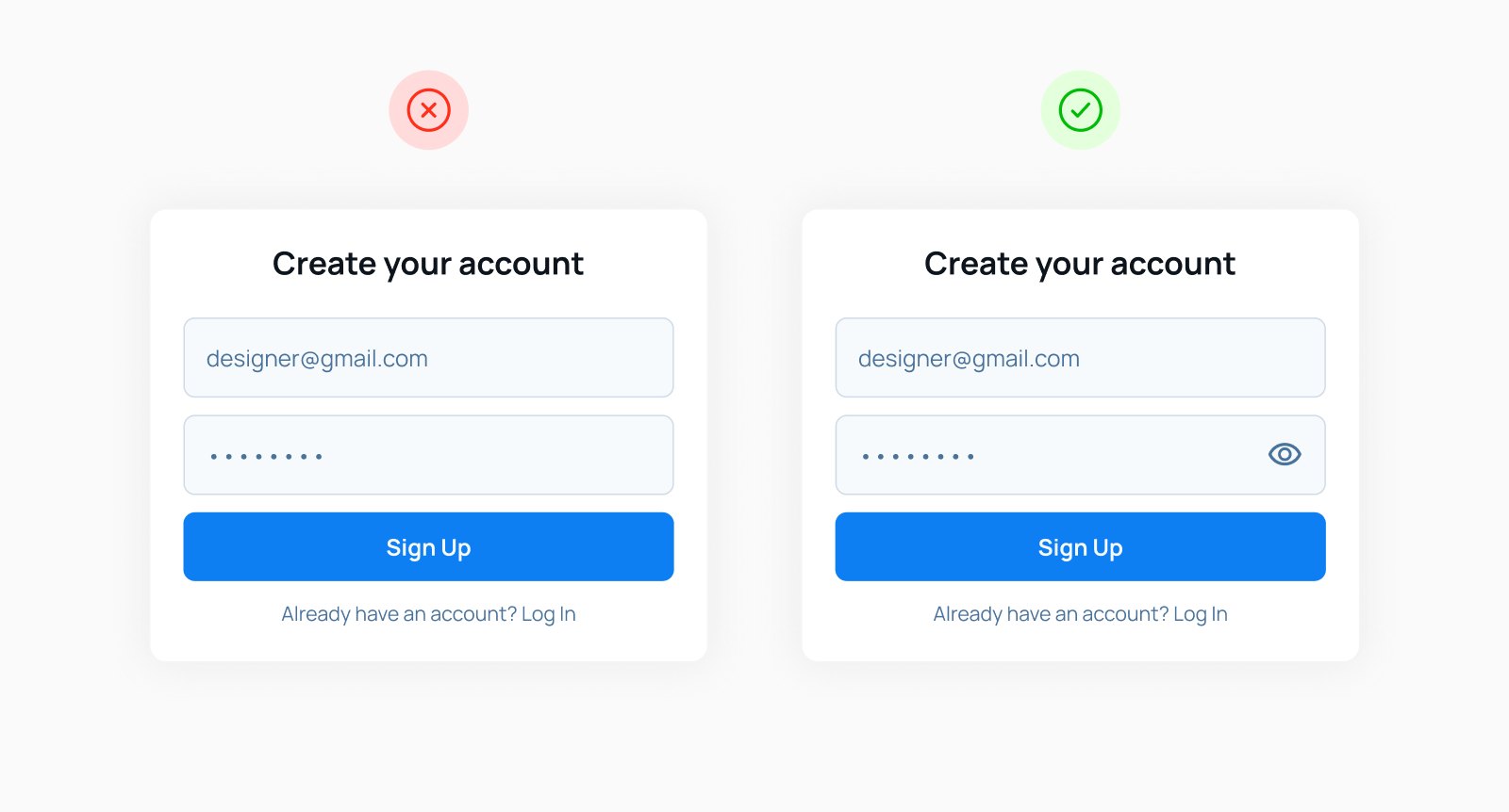 Интерфейс формы регистрации с возможностью посмотреть пароль и без нее