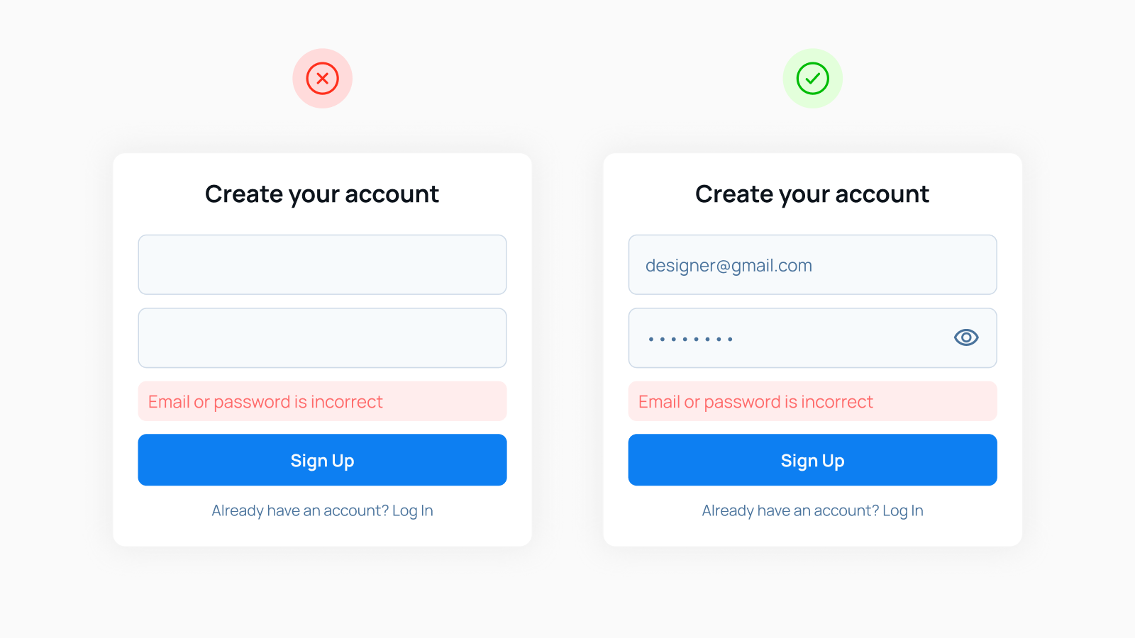 Пример интерфейса формы регистрации - пустой и с заполненными данными
