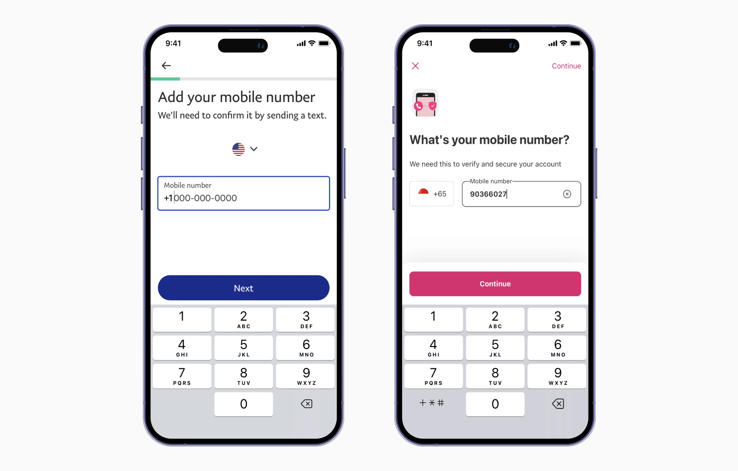 Экран ввода телефона в интерфейсах приложений PayPal и Food Panda