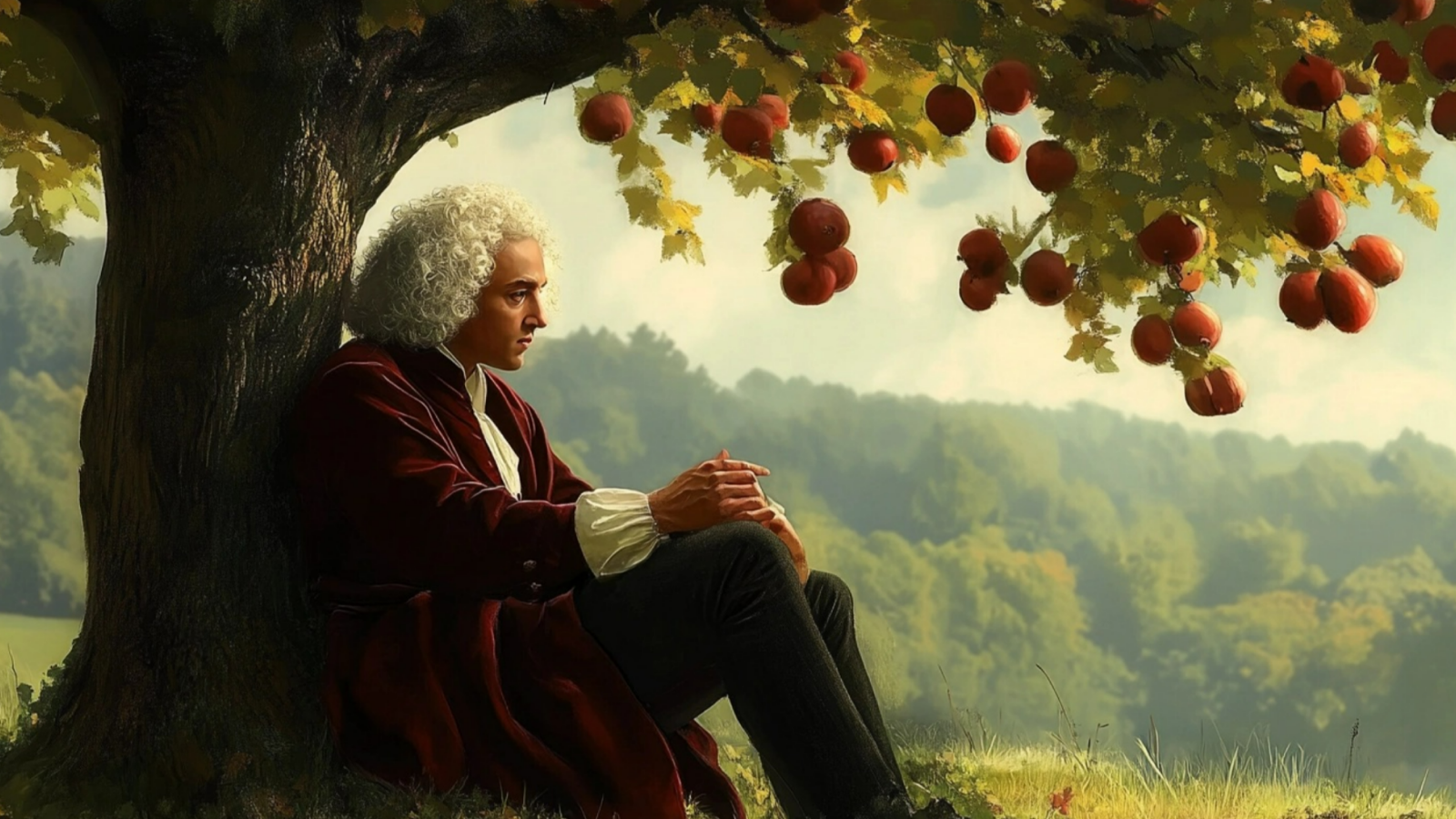 Исаак Ньютон под деревом Иллюстрация Исаака Ньютона под деревом