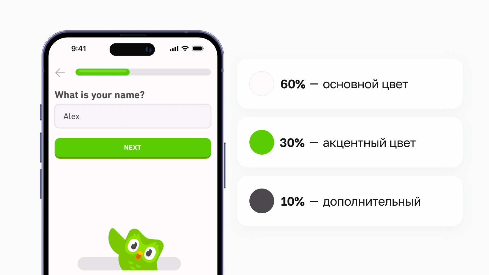 Принцип 60-30-10 в интерфейсе Duolingo