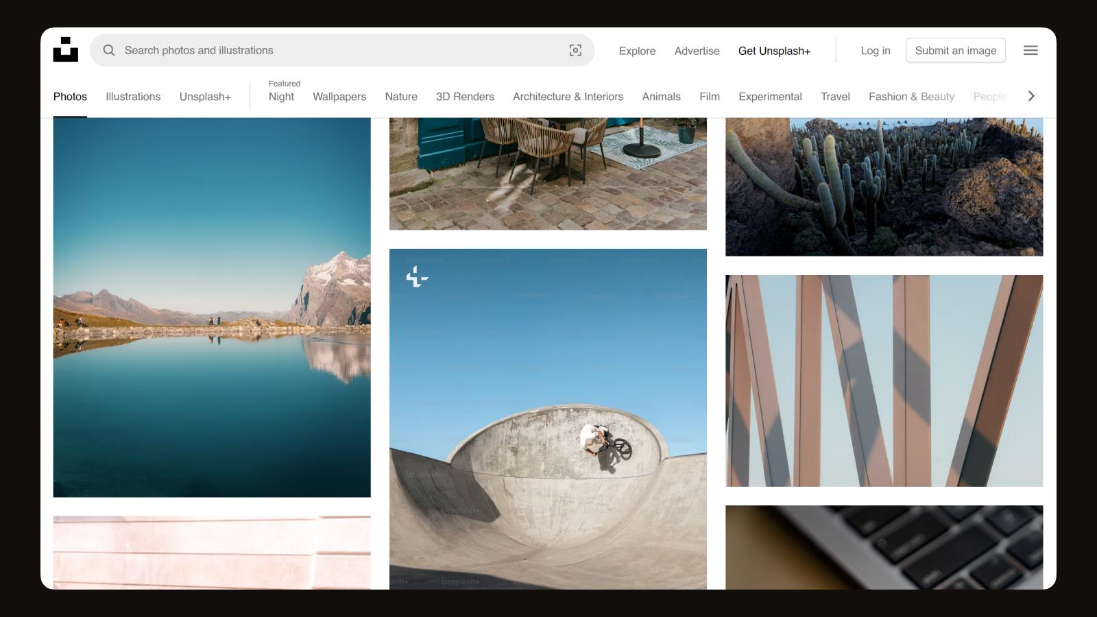 Интерфейс Unsplash Интерфейс ресурса с фото Unsplash