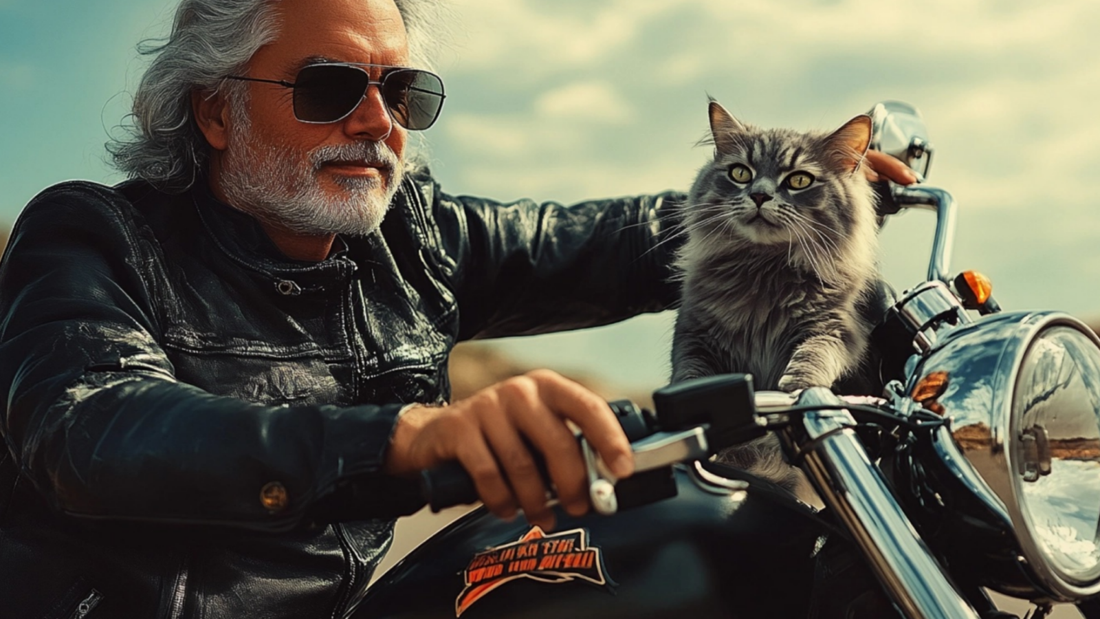Байкер с котом Изображение байкера с котом