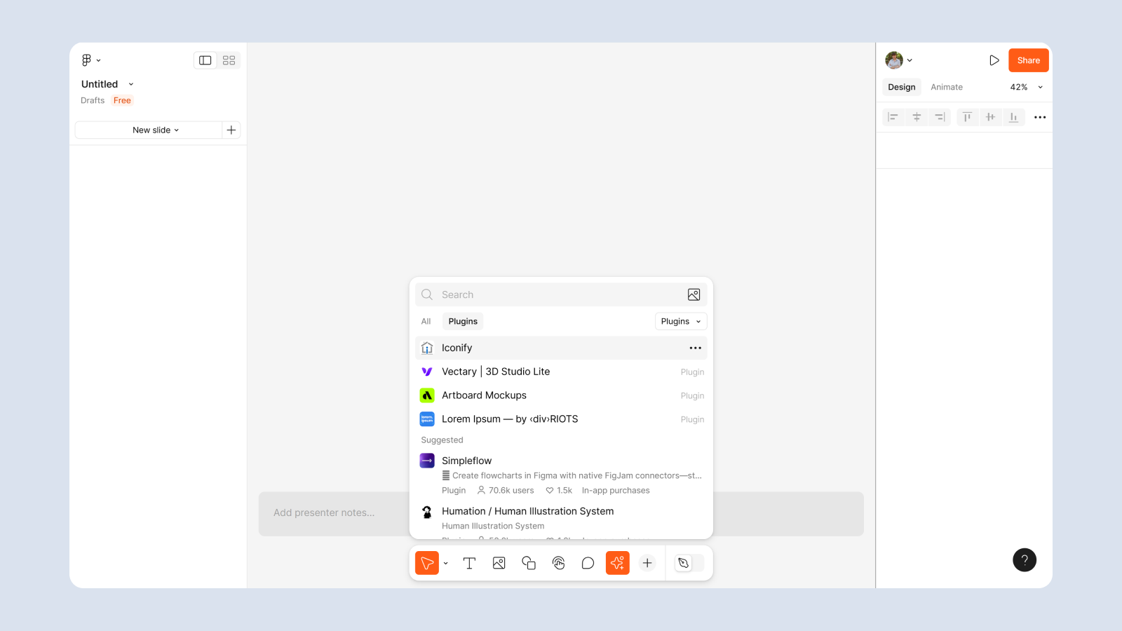 Плагины в интерфейсе Figma Slides