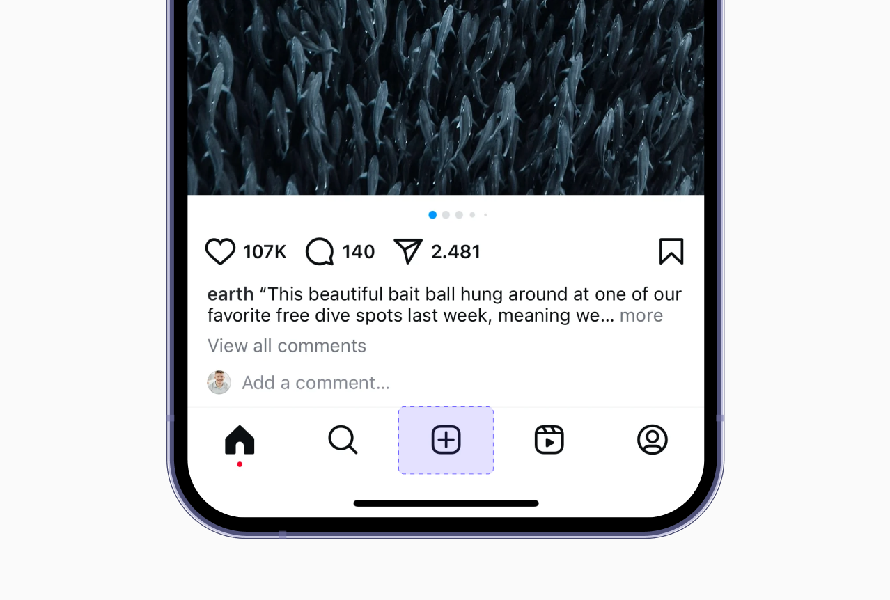 Интерфейс приложения Instagram Размещение кнопки "добавить пост" в дизайне приложения Instagram