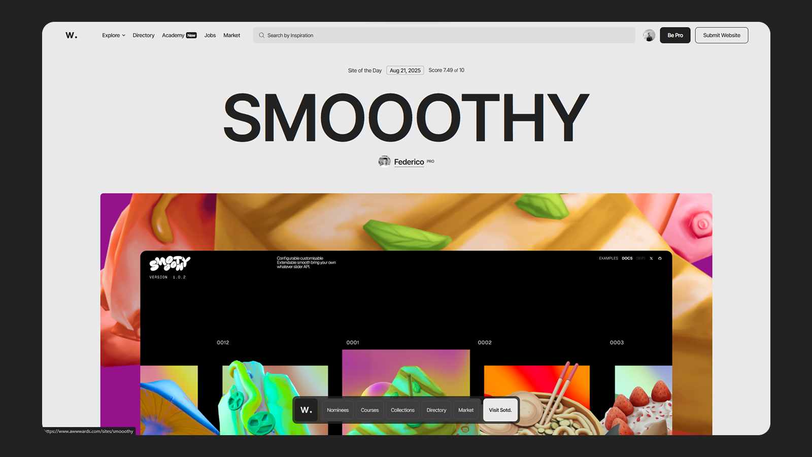 Дизайн сайта Smooothy на платформе Awwwards