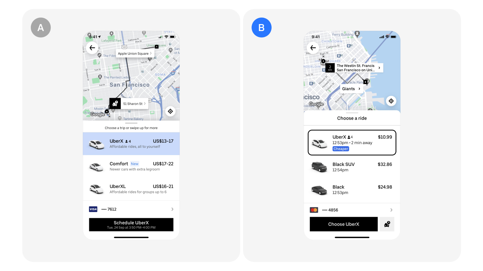 Дизайн мобильного приложения Uber A/B тест от Uber с разным выделением тарифов в интерфейсе