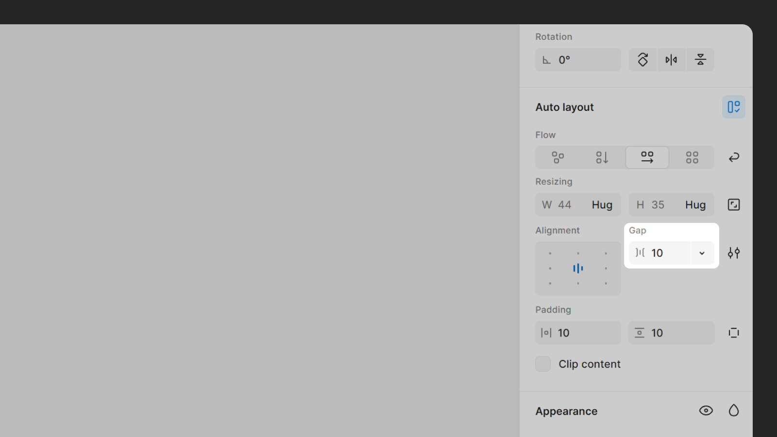 Интерфейс настройки расстояния между элементами Auto layout Поле Gap - настройка расстояния между элементами Auto layout в Figma