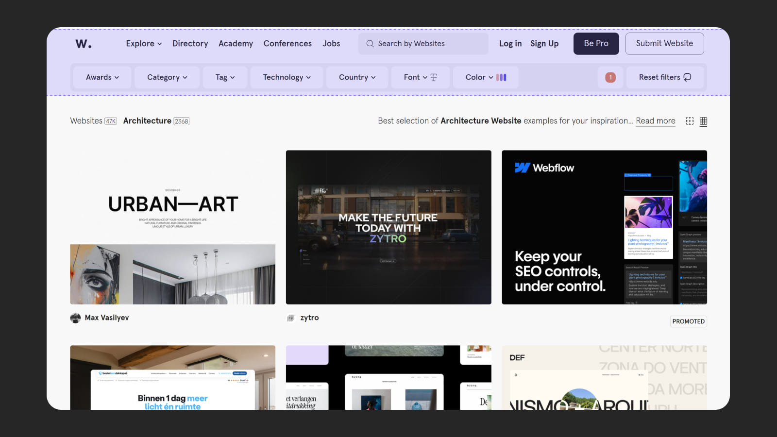 Хедер, как организм на сайте Awwwards Дизайн хедера на сайте Awwwards - пример организма в интерфейсе