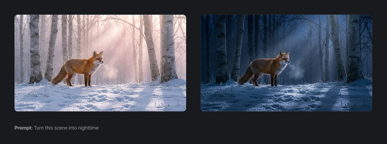 Работа с освещением в Nano banana Pro Фотография лисы при дневном и ночном освещении в Nano banana Pro