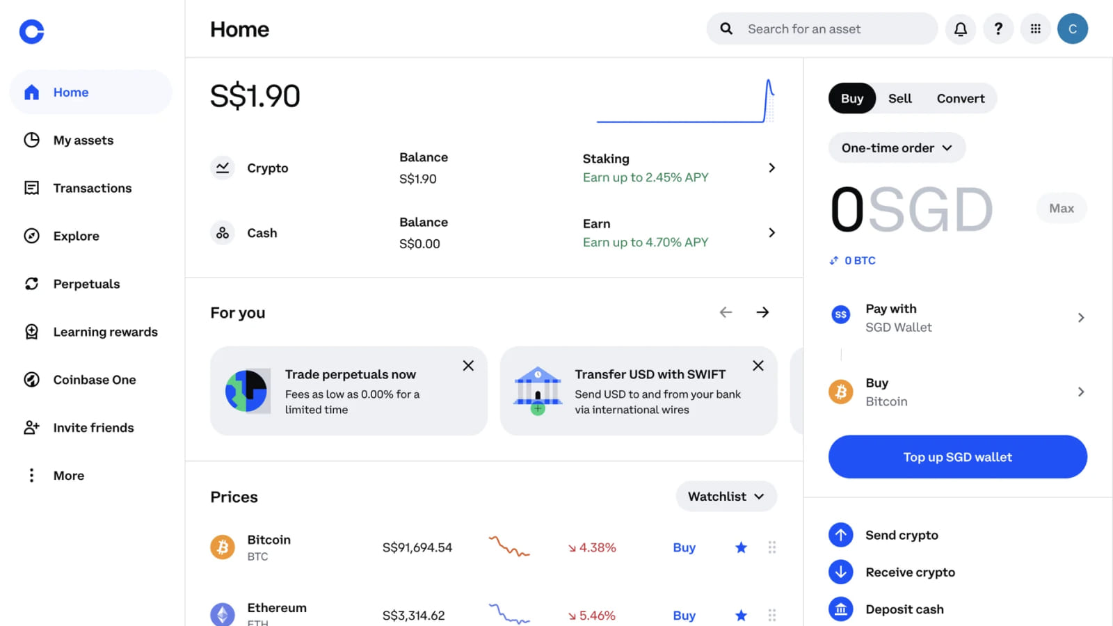 Дизайн личного кабинета Coinbase с использованием синих акцентных цветов