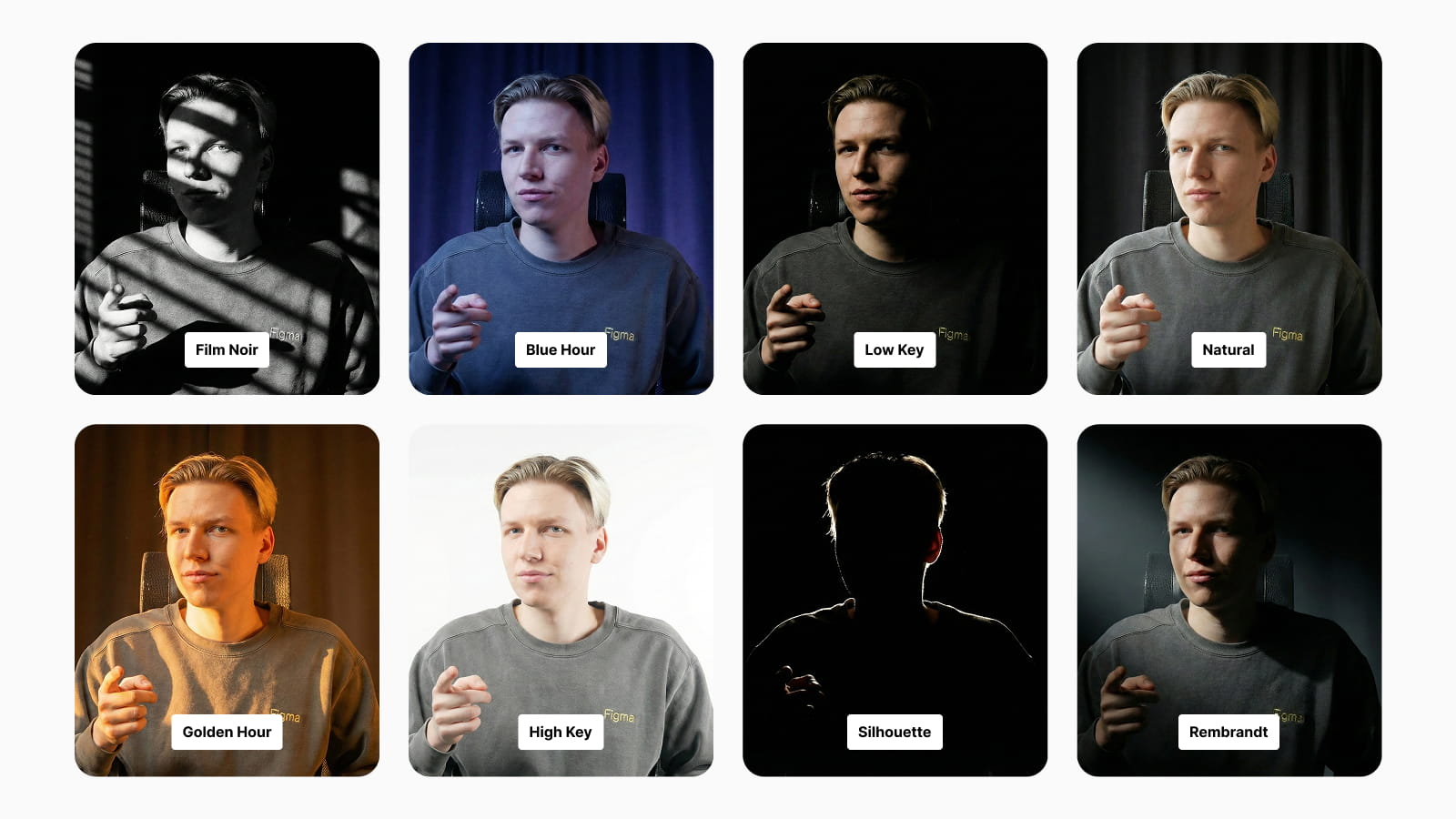 Примеры разного освещения фото с помощью промтов для AI Разное освещение на фото Никиты с помощью промтов для AI