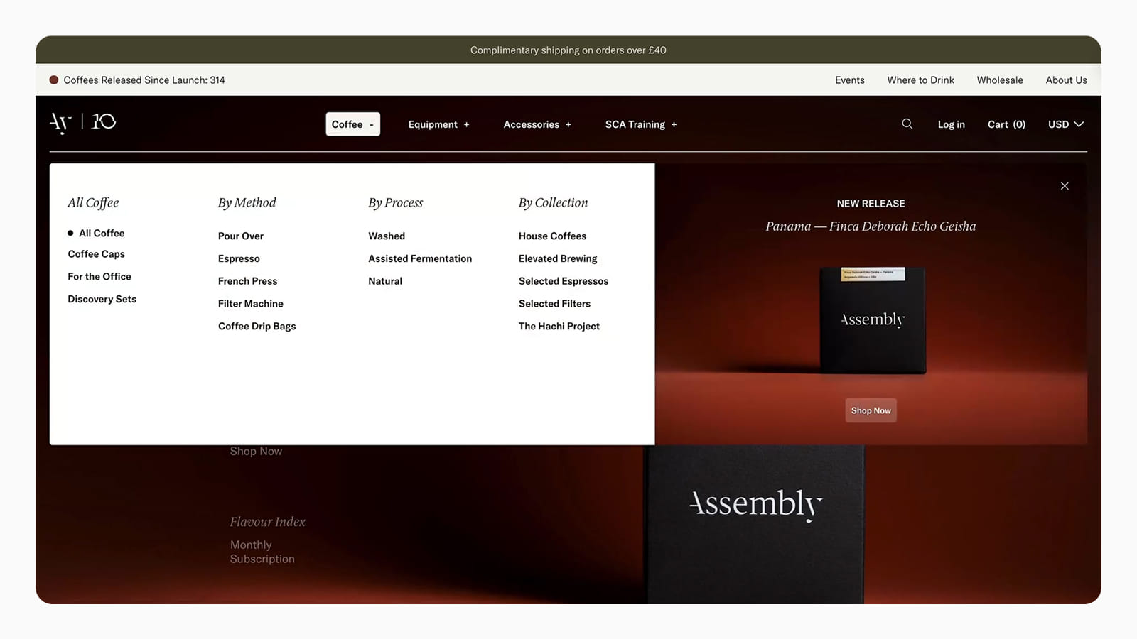 Фрагмент мега-меню в дизайне сайта Assembly Coffee Дизайн навигации в интернет-магазине Assembly Coffee