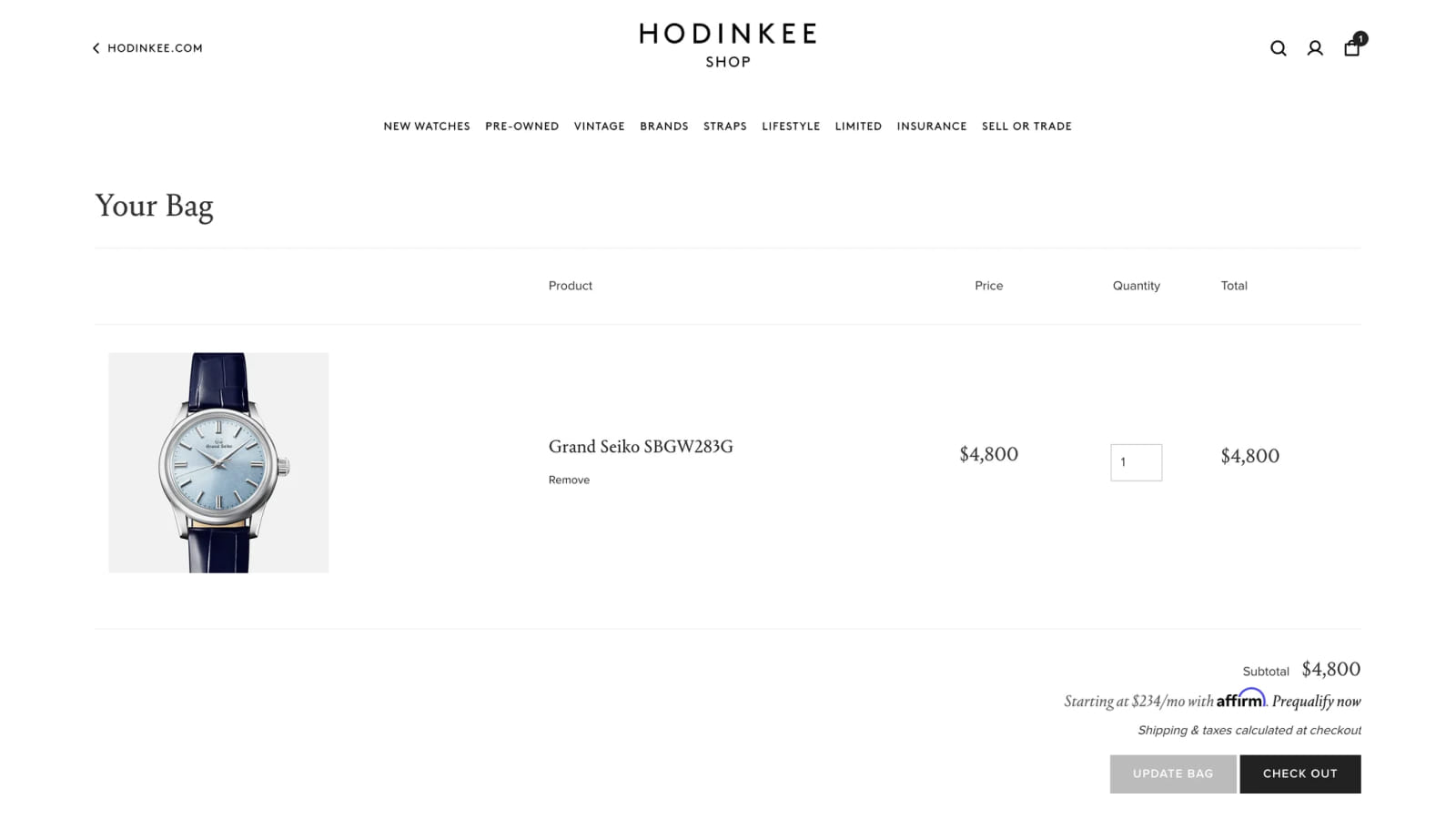 Интерфейс корзины на сайте Hoodinkee