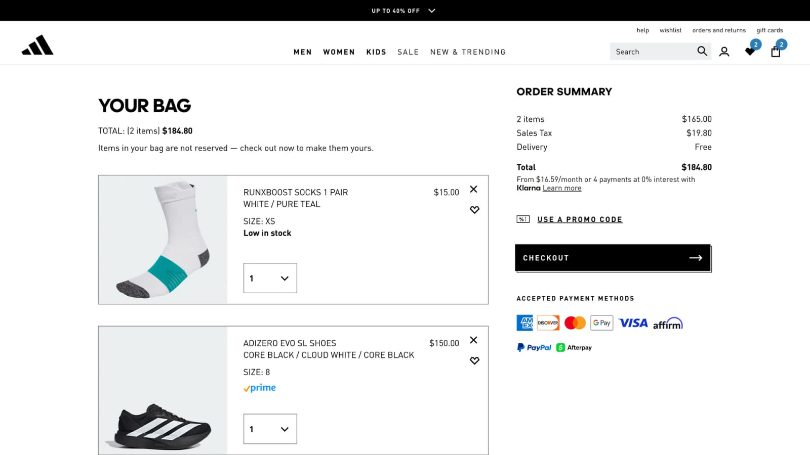 Логотипы платежных систем в дизайне корзины магазина Adidas