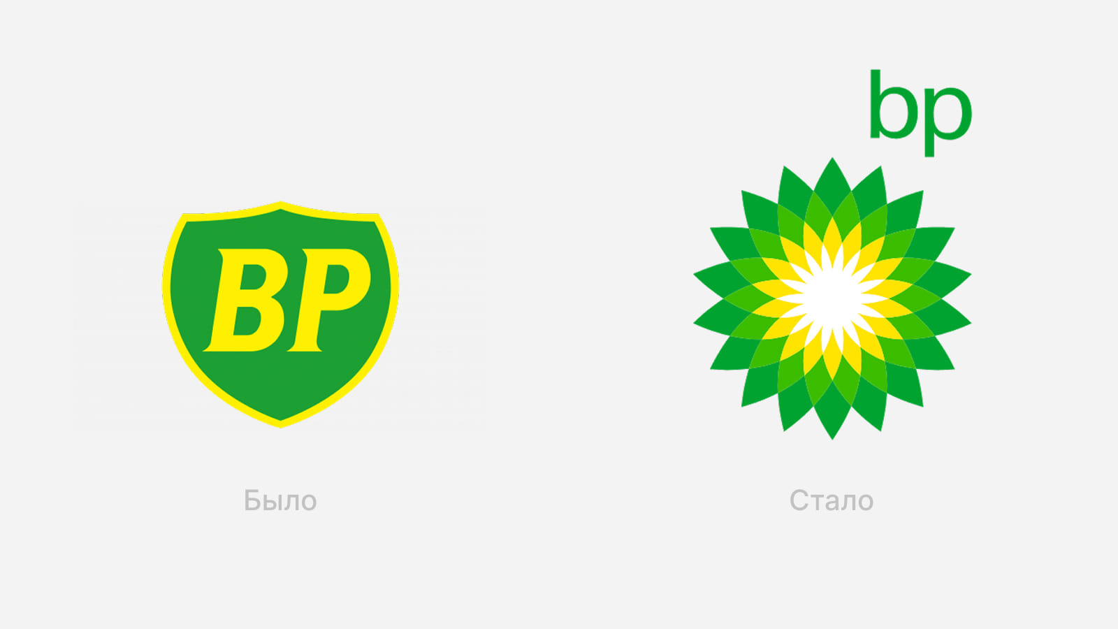 Зелёный логотип British Petroleum в виде цветка Helios Ребрендинг British Petroleum - версия логотипа до и после обновления