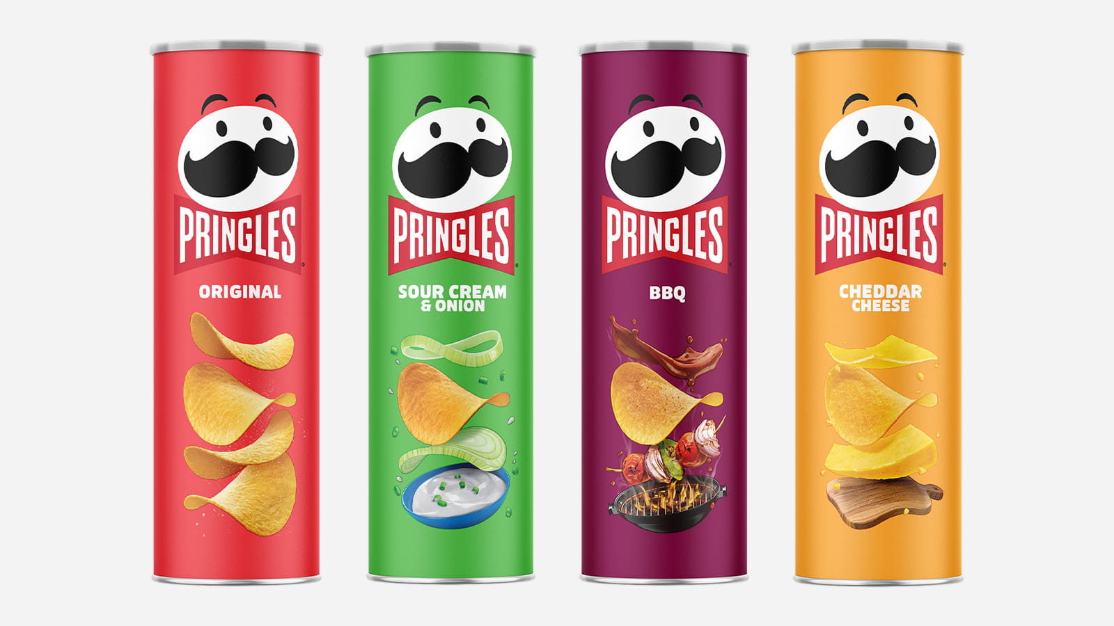 Разные цвета упаковки бренда Pringles Дизайн упаковки чипсов Pringles с разными вкусами