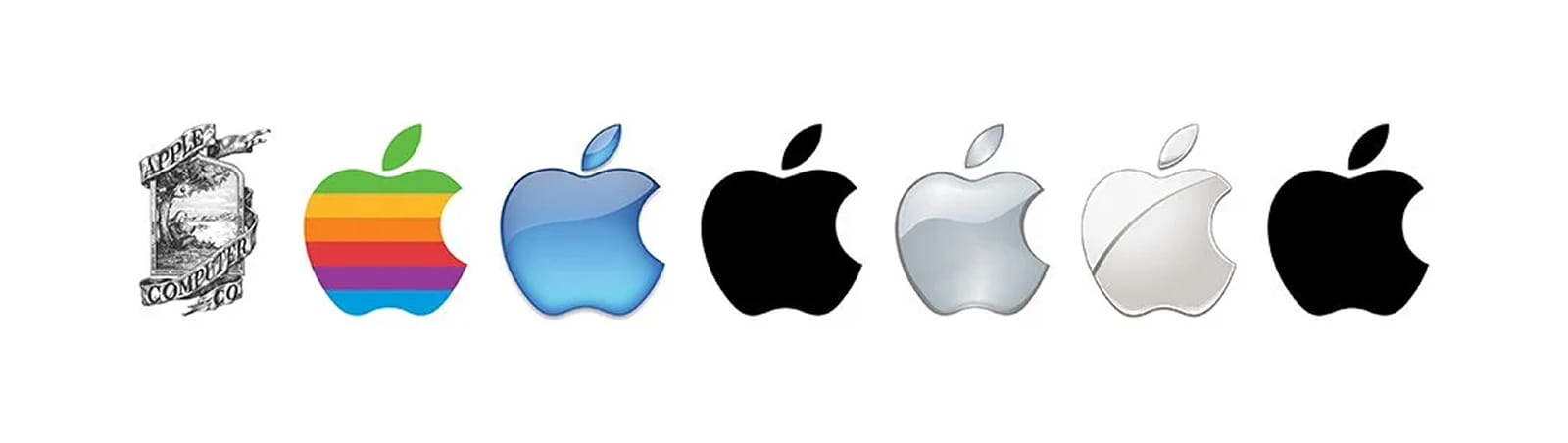 Дизайн разных исторических версий логотипа Apple Эволюция логотипа компании Apple - дизайн всех 7 логотипов
