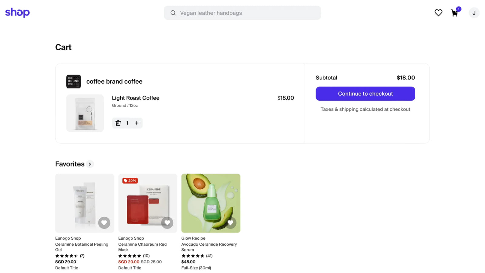 Дизайн корзины Shop с ярко выраженной кнопкой Checkout